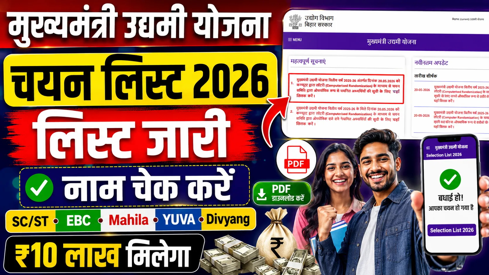 मुख्यमंत्री उद्यमी योजना चयन लिस्ट 2026 जारी, PDF डाउनलोड करें और नाम चेक करें