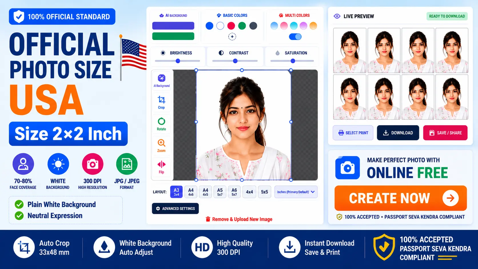 Passport Photo Size USA (2026) – Official 2x2 Inch Photo Requirements & Free Photo Maker